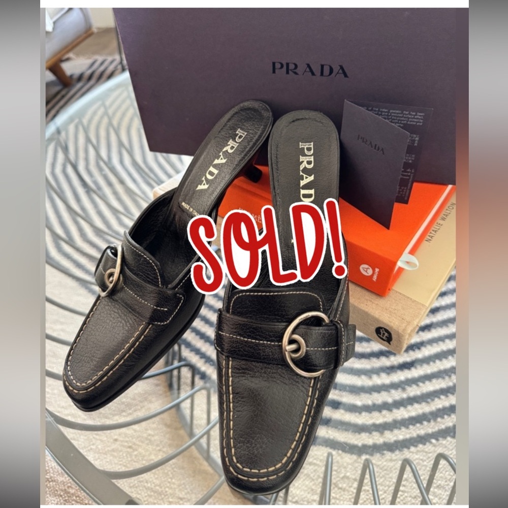 PRADA Black Leather Mules/Kitten Heels. EUC. Like-new! With box. SZ 37.5.